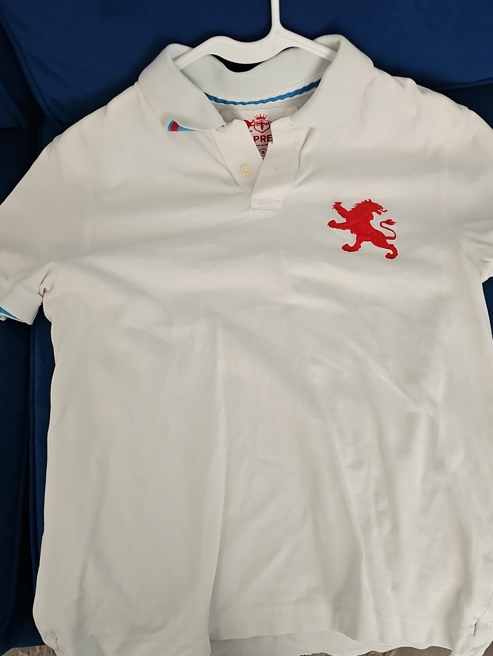Express White Polo with Red Lion Crest